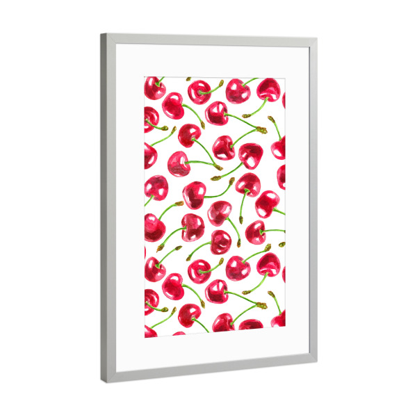 Poster mit Rahmen Silber "Aquarellkirschenmuster" artboxONE - Essen & Trinken / Obst & Gemüse