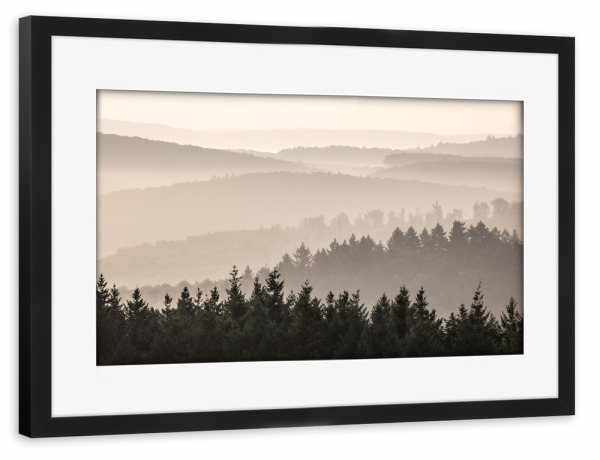 Poster mit Rahmen schwarz "Pfälzer Bergland" artboxONE - Natur - Wald,Bäume,Nadelbäume,Hügel,Nebel,Pfalz,Rheinland-pfalz