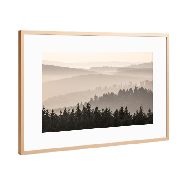 Poster mit Rahmen Kupfer "Pfälzer Bergland" artboxONE - Natur - Wald,Bäume,Nadelbäume,Hügel,Nebel,Pfalz,Rheinland-pfalz