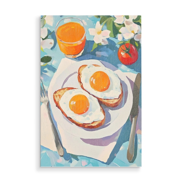 Holzbild "Frühstücksgebratene Eier" artboxONE - Essen & Trinken - Frühstückskunst,Gebratene eier,Orangensaft,Morgendliche stimmung,Essensmal