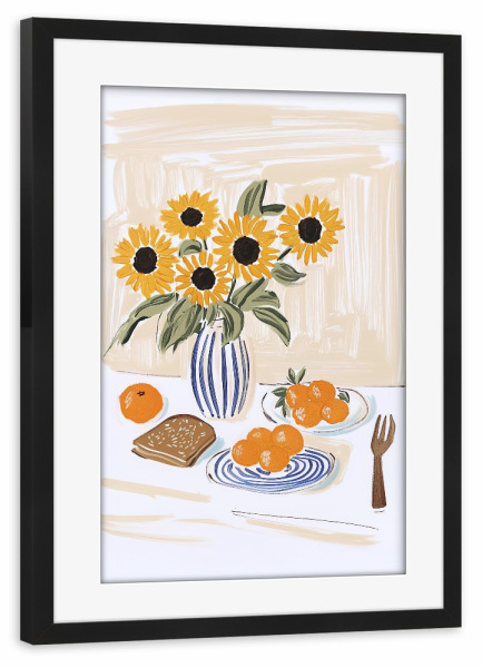 Poster mit Rahmen schwarz "Sonnenblumen und Frühstücksmagie" artboxONE - Floral,Essen & Trinken,Essen & Trinken / Obst & Gemüse
