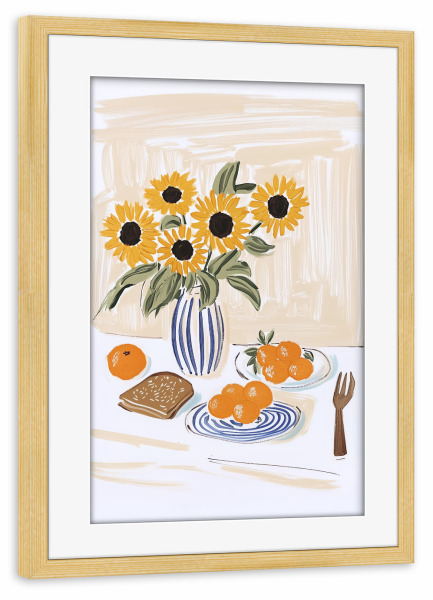 Poster mit Rahmen kiefer "Sonnenblumen und Frühstücksmagie" artboxONE - Floral,Essen & Trinken,Essen & Trinken / Obst & Gemüse