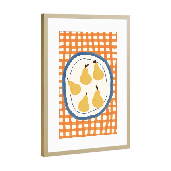 Poster mit Rahmen Gold "Pears on a Checkered Table" artboxONE - Essen & Trinken,Abstrakt,Essen & Trinken / Obst & Gemüse