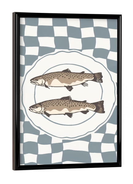 Poster mit schwarzem Rahmen "Zwei Forellen auf dem Teller" artboxONE - Tiere,Abstrakt