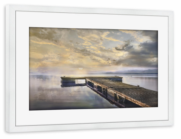 Poster mit Rahmen weiß "Fauler Morgen" artboxONE - Natur,Reise / Strand und Meer - Dock,Sonne,Wasser,Ruhig