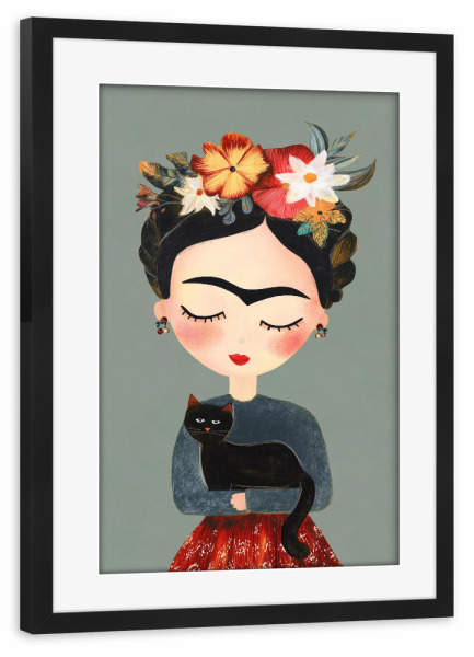 Poster mit Rahmen schwarz "Fridas Katzentraum" artboxONE - Floral,Tiere,Liebe
