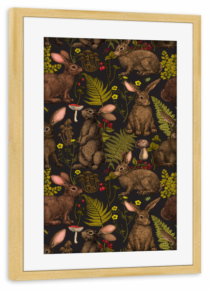 Poster mit Rahmen kiefer "Kaninchen und Waldflora" artboxONE - Tiere
