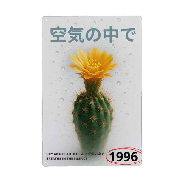 Holzbild "Cactus yellow" artboxONE - Abstrakt - Cacto,Flor amarela,Gotas,Texto em japonês,Texto em inglês,Natureza,Minimalista,Ano,Planos,Projeto