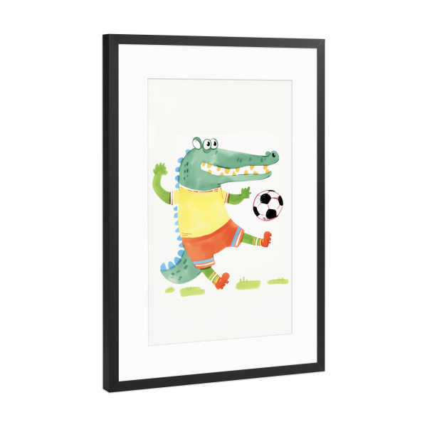 Poster mit Rahmen Schwarz (Metallic) "Fußball Spaß mit Kroko" artboxONE - Für Kinder,Tiere,Sport / Fußball