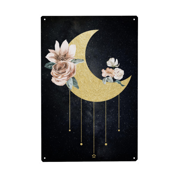 Metall Poster "Luna Bonita" artboxONE - Floral,Galaxy - Mond,Blumen,Raum,Kosmisch,Sterne - Blechschild