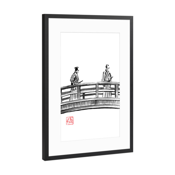 Poster mit Rahmen Schwarz (Metallic) "2 Samurai auf der Brücke" artboxONE - Reise / Asien - Samurai,Sumie,Japan,Brücke,Edo