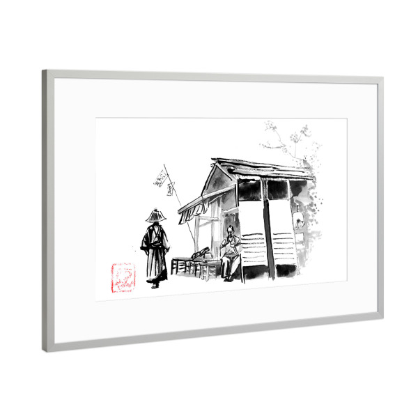 Poster mit Rahmen Silber "Vorbei an Samurai" artboxONE - Reise / Asien - Samurai,Shop,Sumie,Japan,Edo