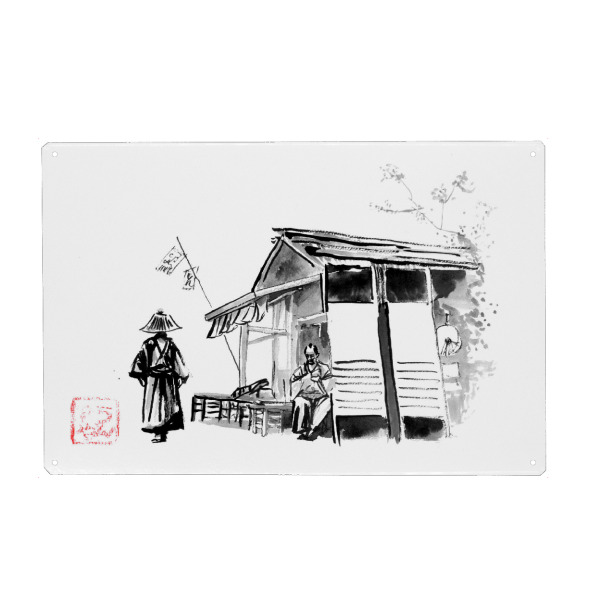 Metall Poster "Vorbei an Samurai" artboxONE - Reise / Asien - Samurai,Shop,Sumie,Japan,Edo - Blechschild