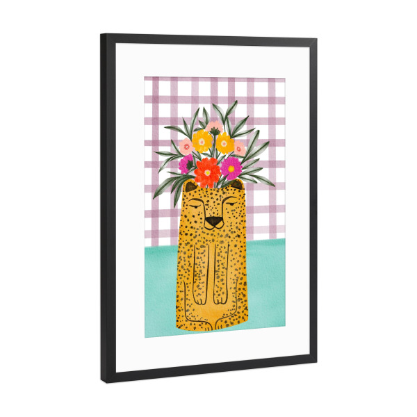 Poster mit Rahmen Schwarz (Metallic) "Leopard planter with florals" artboxONE - Floral,Tiere