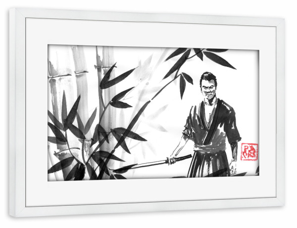 Poster mit Rahmen weiß "Samurai im Bambuswald" artboxONE - Reise / Asien - Samurai,Wald,Bambus,Sumie,Japan