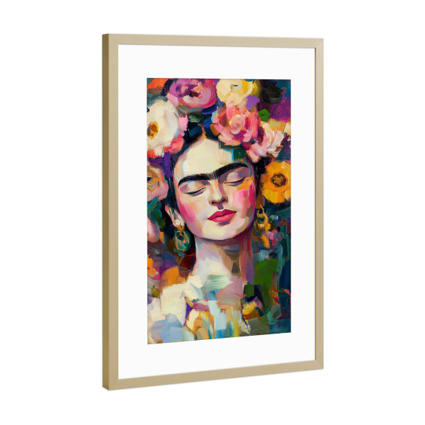 Poster mit Rahmen Gold "Frida Blumige Schönheit" artboxONE - Floral,Menschen,Fashion