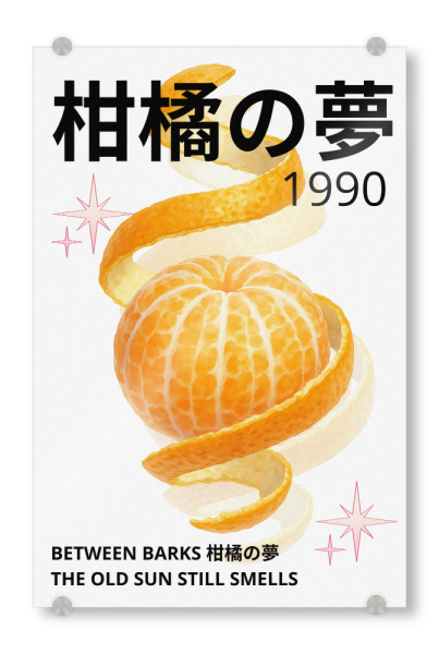 Acrylglasbild "BETWEEN SHELLS" artboxONE - Abstrakt - Citrus,Orange,Japanese text,Spiral peel,Retro,1990,Stars,Typography,Vibrant,Freshness