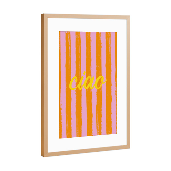 Poster mit Rahmen Kupfer "Ciao Gestreift" artboxONE - Typografie - Gestreift,Ciao,Italien,Italy,Hallo,Gruß,Mediterran