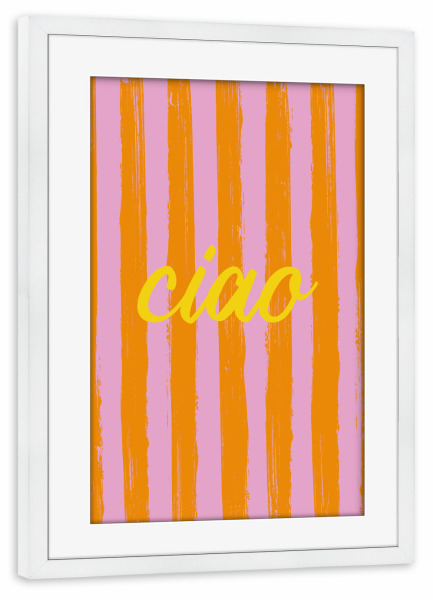 Poster mit Rahmen weiß "Ciao Gestreift" artboxONE - Typografie - Gestreift,Ciao,Italien,Italy,Hallo,Gruß,Mediterran