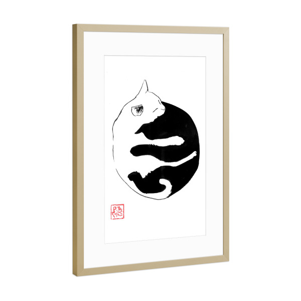 Poster mit Rahmen Gold "Ying Yang Cat" artboxONE - Tiere,Abstrakt - Cat,Yingyang,Sumie,Japan