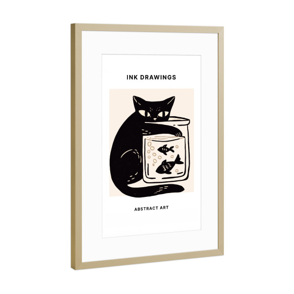 Poster mit Rahmen Gold "Mystische Katze in Tinte" artboxONE - Tiere,Abstrakt