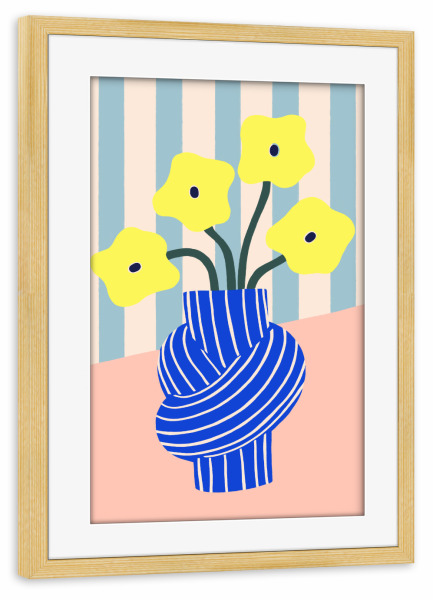 Poster mit Rahmen kiefer "Gelbe Blumen in gestreifter Vase" artboxONE - Floral,Abstrakt
