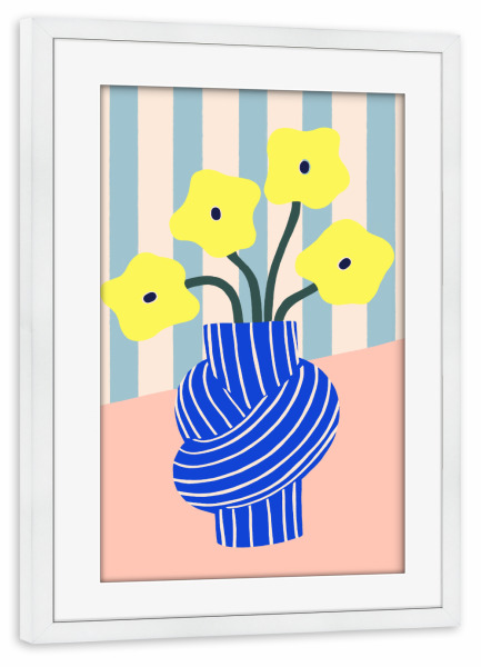 Poster mit Rahmen weiß "Gelbe Blumen in gestreifter Vase" artboxONE - Floral,Abstrakt
