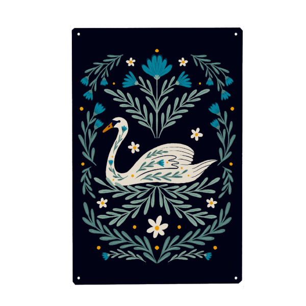 Metall Poster "Folk Art Swan - blue and teal" artboxONE - Tiere,Abstrakt