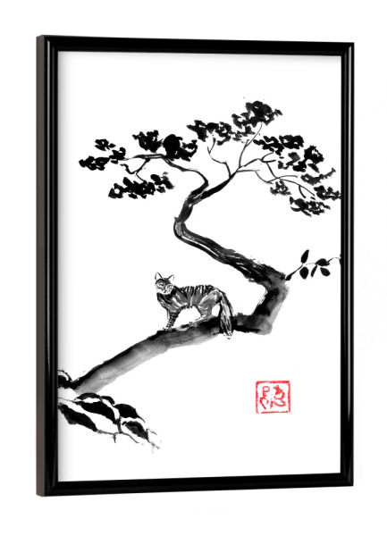 Poster mit schwarzem Rahmen "Wilde Katze im Baum" artboxONE - Schwarzweiß,Reise / Asien - Baum,Wilde katze,Katze,Sumie,Japan