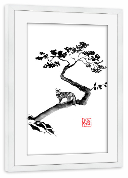 Poster mit Rahmen weiß "Wilde Katze im Baum" artboxONE - Schwarzweiß,Reise / Asien - Baum,Wilde katze,Katze,Sumie,Japan