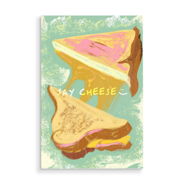 Holzbild "Sag Käse :)" artboxONE - Essen & Trinken - Essen,Frühstück,Yum,Pastell,Typografie,Käse,Butter,Brot,Toast,Lustig,Süß,Zitiert,Fotografie