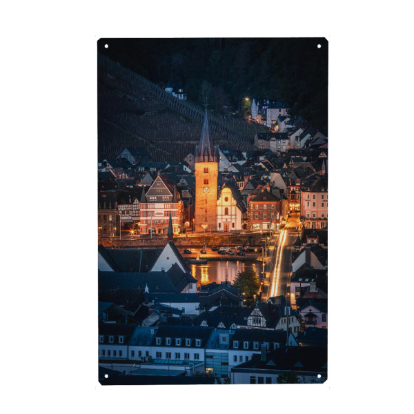 Holzbild "Bernkastel" artboxONE - Städte,Reise - Bernkastel-kues,Mosel,Brücke,St. michael,Kirche,Blaue stunde,Rheinland-pfalz