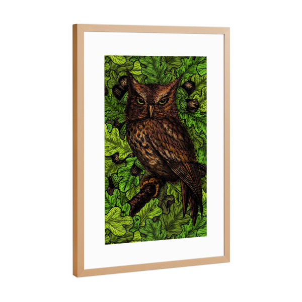 Poster mit Rahmen Kupfer "Owls the oak tree green and brown" artboxONE - Tiere