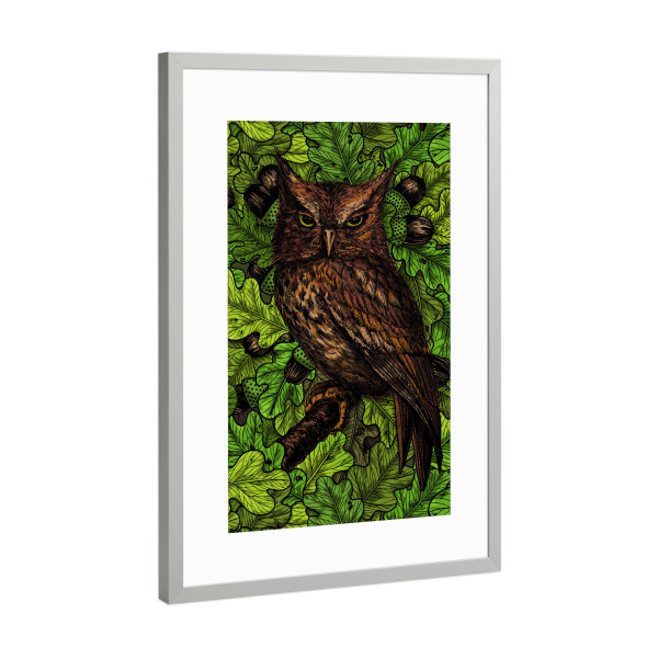 Poster mit Rahmen Silber "Owls the oak tree green and brown" artboxONE - Tiere