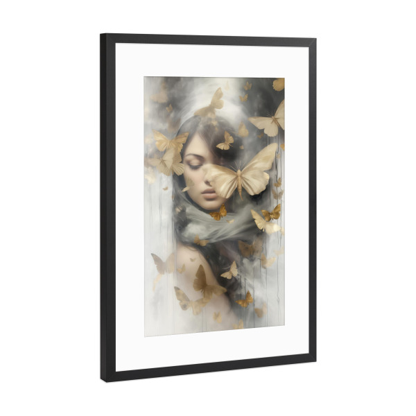 Poster mit Rahmen Schwarz (Metallic) "Schöne Frau mit Schmetterlingen" artboxONE - Menschen,Fashion,Streetart,Für Mama