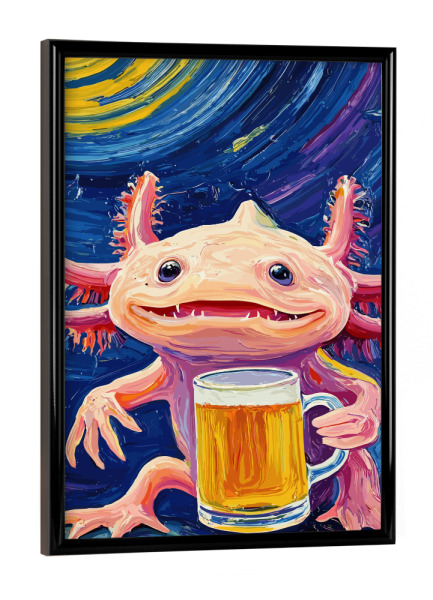 Poster mit schwarzem Rahmen "Axolotl beer" artboxONE - Abstrakt - Axolotl,Bier,Nachthimmel,Sterne,Surreal,Wunderlich,Kreatur,Lebendig,Bunt,Fröhlich