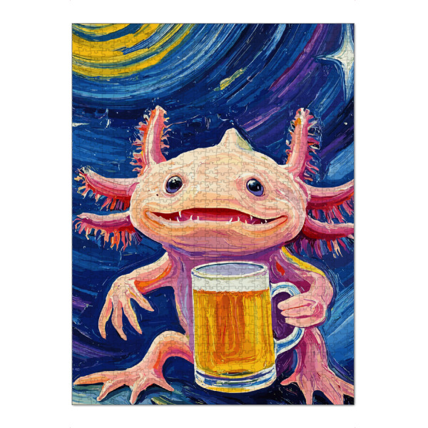 Puzzle Ravensburger "Axolotl beer" artboxONE - Abstrakt - Axolotl,Bier,Nachthimmel,Sterne,Surreal,Wunderlich,Kreatur,Lebendig,Bunt,Fröhlich