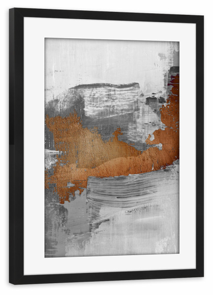 Poster mit Rahmen schwarz "Swirling gray" artboxONE - Abstrakt - Abstract,Brushstrokes,Gray,White,Orange,Contrast,Movement,Depth,Layering,Texture