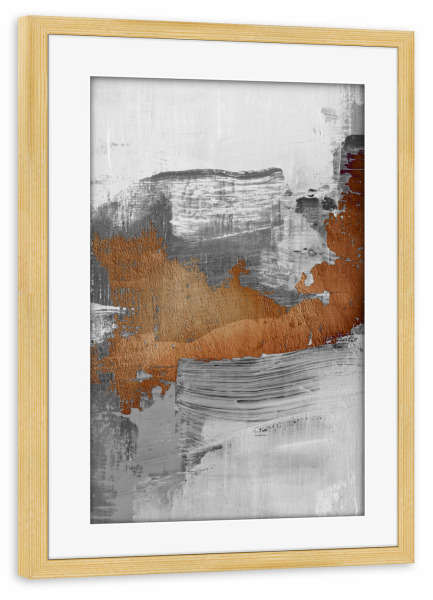 Poster mit Rahmen kiefer "Swirling gray" artboxONE - Abstrakt - Abstract,Brushstrokes,Gray,White,Orange,Contrast,Movement,Depth,Layering,Texture