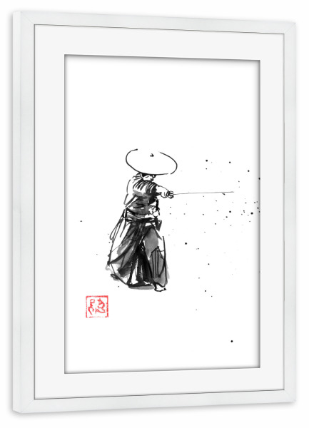 Poster mit Rahmen weiß "Zan schneidet Samurai" artboxONE - Schwarzweiß,Reise / Asien - Sumie,Japan,Samurai