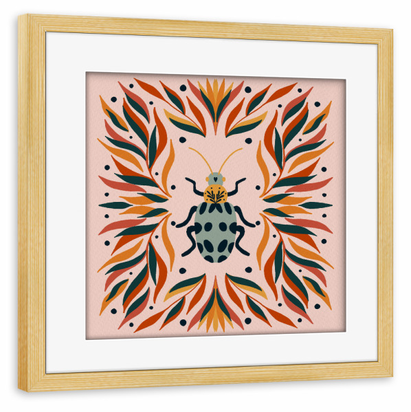 Poster mit Rahmen kiefer "Fehler und Blätter" artboxONE - Tiere,Abstrakt - Blätter,Blatt,Laub,Insekt,Insekt,Käfer,Süß,Modern,Volkskunst,Punkte,Skurril