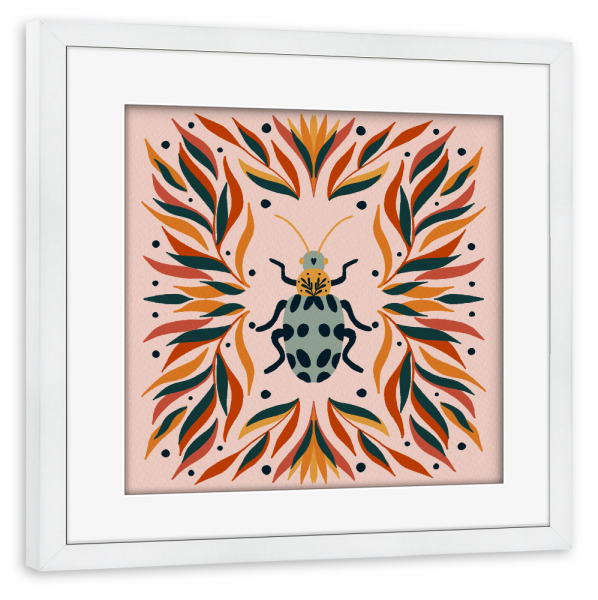 Poster mit Rahmen weiß "Fehler und Blätter" artboxONE - Tiere,Abstrakt - Blätter,Blatt,Laub,Insekt,Insekt,Käfer,Süß,Modern,Volkskunst,Punkte,Skurril