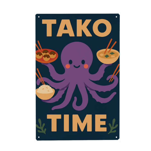 Holzbild "Tako time" artboxONE - Essen & Trinken - Polvo,Comida,Japonês,Takoyaki,Sopa,Arroz,Pauzinhos,Feliz,Brincalhão,Texto