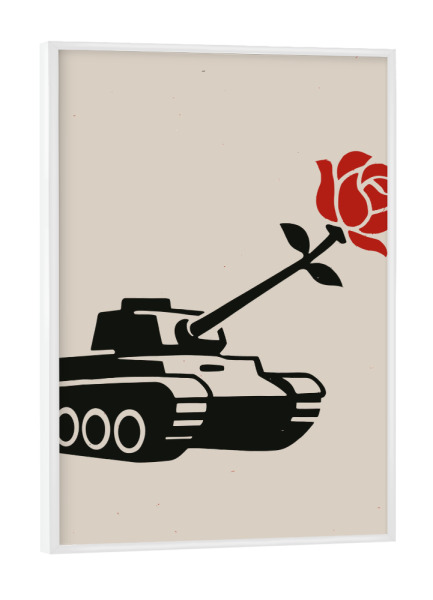Poster mit weißem Rahmen "Tank With A Rose" artboxONE - Liebe - Tanque,Rosa,Paz,Era,Simbolismo,Contraste,Anti-guerra,Artilharia,Flor,Mensagem
