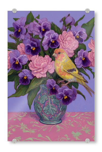 Acrylglasbild "Blühende Veilchen mit Vögelchen" artboxONE - Natur,Floral,Tiere