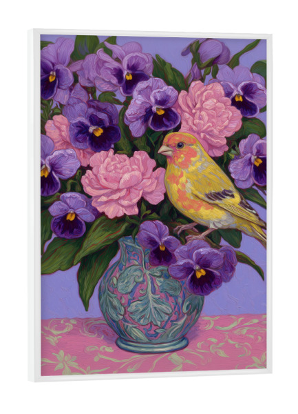 Poster mit weißem Rahmen "Blühende Veilchen mit Vögelchen" artboxONE - Natur,Floral,Tiere