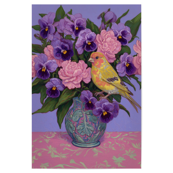Poster "Blühende Veilchen mit Vögelchen" artboxONE - Natur,Floral,Tiere
