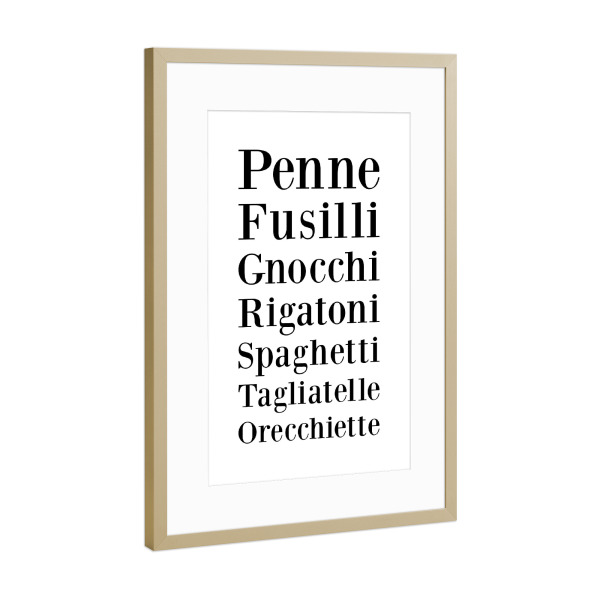 Poster mit Rahmen Gold "Pasta Varianten" artboxONE - Typografie - Nudeln,Italien,Italienisch,Essen