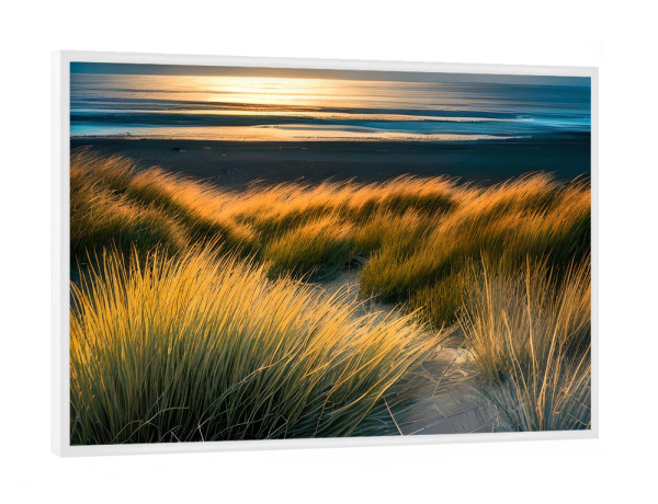 Poster mit weißem Rahmen "Dünengras und Meer" artboxONE - Natur - Dünengras,Hügel,Sand,Meer,Küste