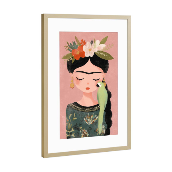 Poster mit Rahmen Gold "Papageien Liebe mit Frida" artboxONE - Floral,Tiere,Liebe